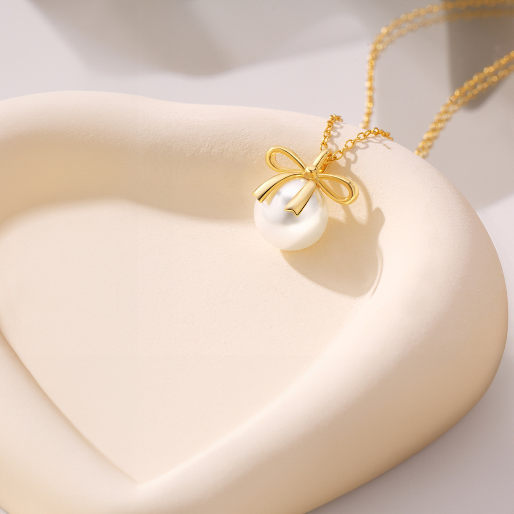 925 Sterling Silver Material 925 Sterling Silver Artificial Pearls Cable Chain Plating Inlay Bow Knot Pendant Necklace