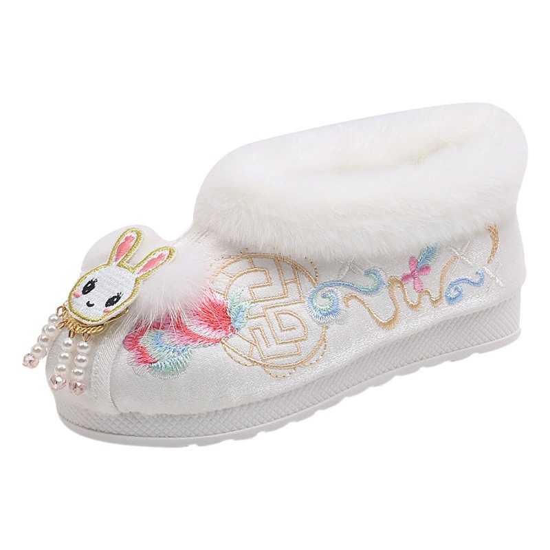Xi Wen [Rabbit] Зимняя обувь ханьфу Новогодняя обувь для девочек с вышивкой Детская обувь ручной работы на флисовой подкладке Old Beijing
