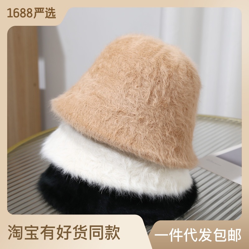 Korean Hat Women's Autumn and Winter All-match Rabbit Fur Fisherman Hat Korean Style Face Small Warm Basin Hat Japanese Plush Bucket Hat