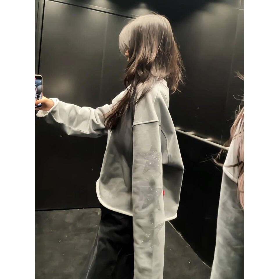 国潮牌复古藏青色字母星星烫钻长袖卫衣女春秋宽松百搭设计感上衣