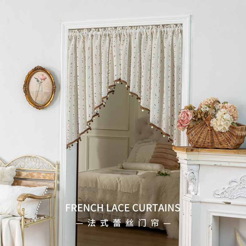 Little White Mouse Home Decor Fabric One-Size-Fits-All French Triangle Door Curtain with Beaded Lace Trim, Small Half Curtain, Romantic Privacy Curtain Little White Mouse Home Decor Fabric One-Size-Fits-All French Triangle Door Curtain with Beaded Lace Trim, Small Half Curtain, Romantic Privacy Curtain