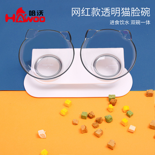 P wholesale tilted transparent cat ears pet double bowl cat bowl two-in-one internet celebrity neck protection cat bowl