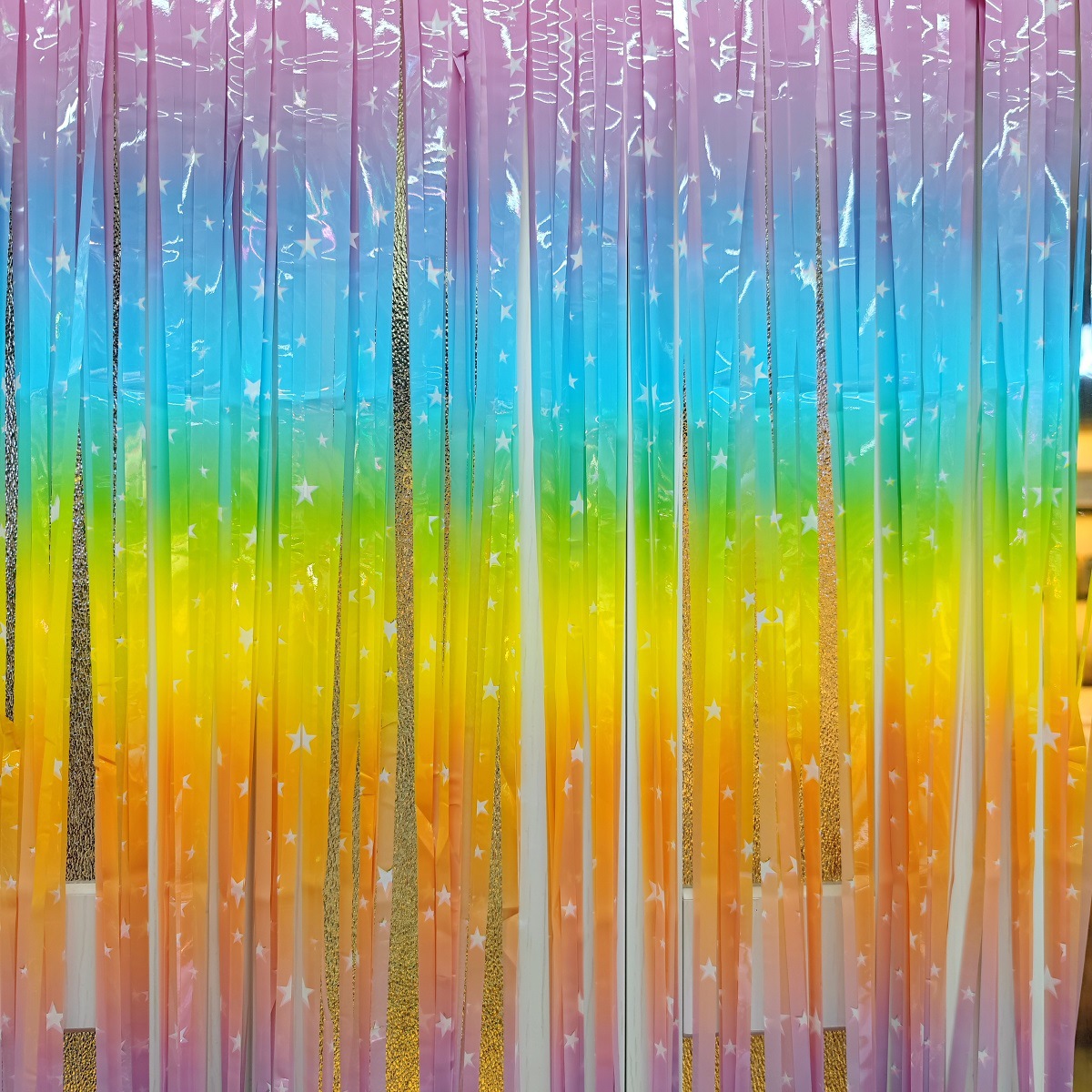 Illuminating Rainbow Curtain with Flowing Ribbons and Gradient Shimmer - Festive Decor for Weddings and Parties