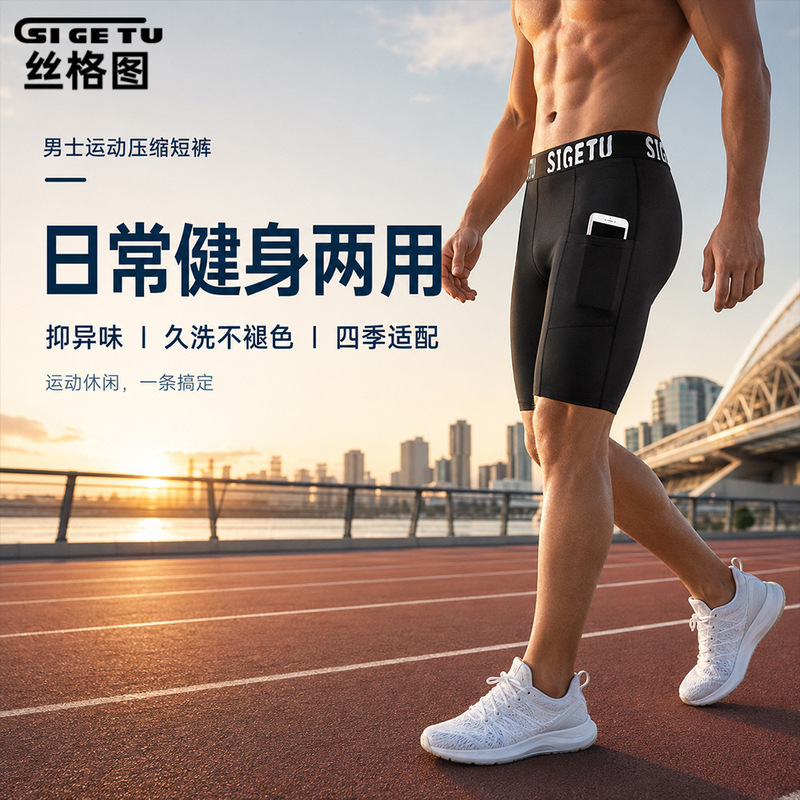Silk Picture Cross-Border Sports Yoga Shorts Men's Summer High-Elastic Quick-Drying Tights Training Running Fitness Five-Point Pants