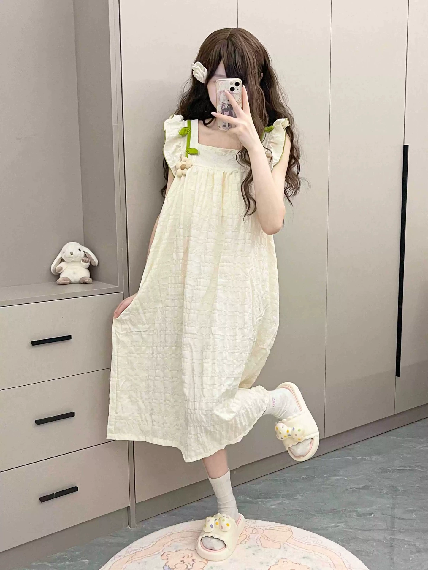 Летняя ночная рубашка из хлопка с облаками, милые и милые маленькие летящие рукава с подушечками для груди, пижамы в стиле принцессы для женщин, свободная однотонная домашняя одежда