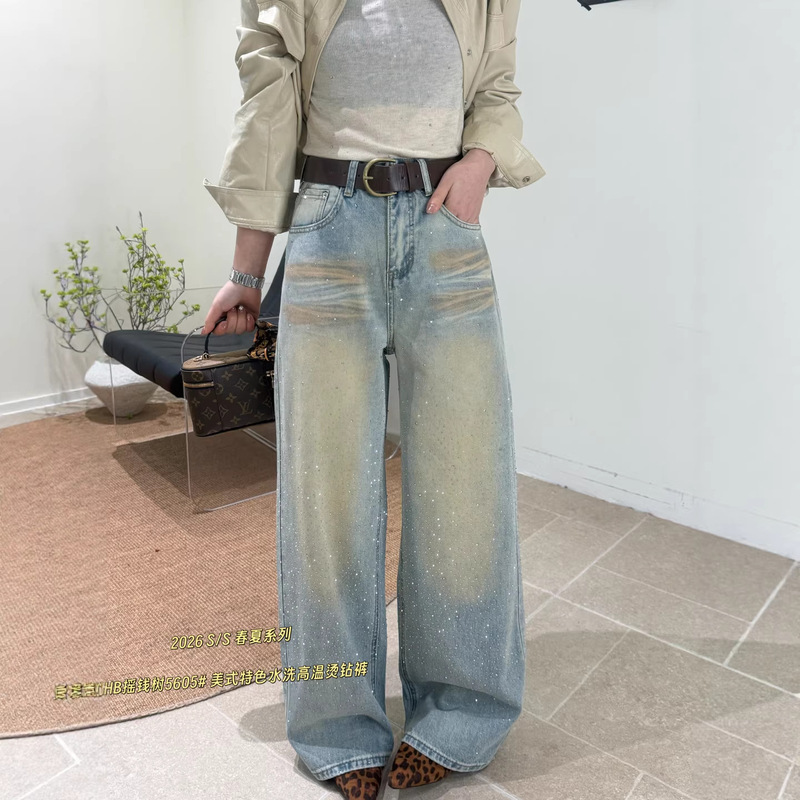 5605 Early Spring New American Retro Washed Vintage Rhinestone Jeans for Women, Loose Slimming Casual Wide-Leg Long Pants 5605 Early Spring New American Retro Washed Vintage Rhinestone Jeans for Women, Loose Slimming Casual Wide-Leg Long Pants