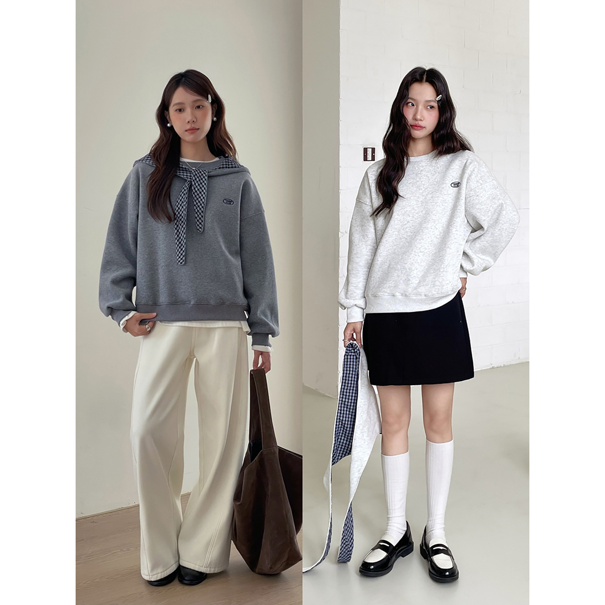 歌铭/APXIVI-新韩系通勤宽松圆领套头上衣可拆卸格子帽卫衣W776C