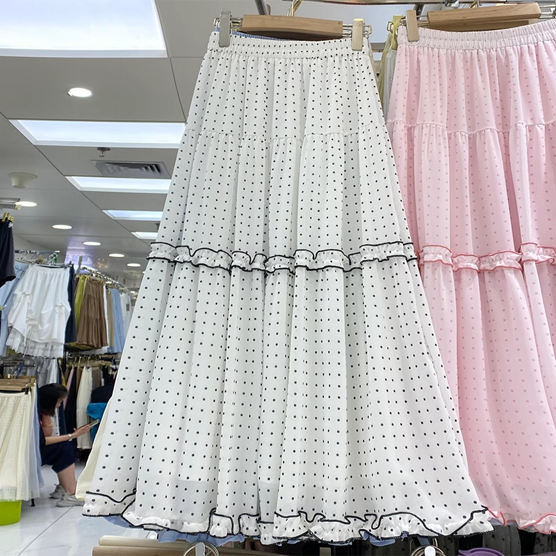 スイートスタイル耳継ぎケーキスカート夏フレンチ水玉ピンクAラインスカートミドル丈スカート|undefined