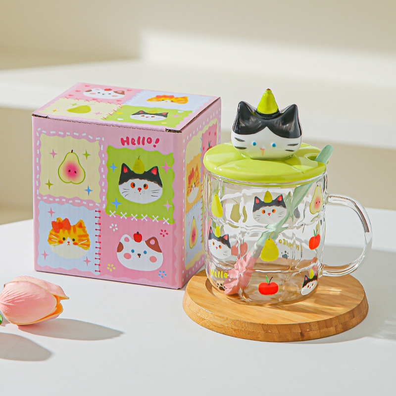 Gato estereoscópico pintado a mano alta resistencia al calor de vidrio de silicio de alta calidad de oficina con cubierta de cuchara de agua taza de dibujos animados taza de marca