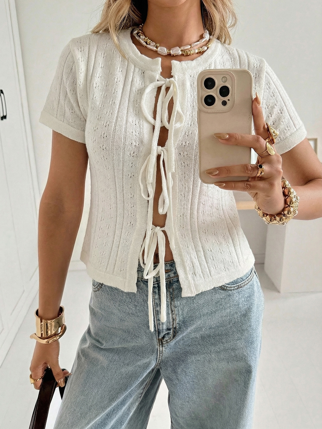 Kaikuo2026 primavera y verano transfronterizos de Europa y América ropa de mujer suave viento agujerado cardigan de lana correa casual camisa de manga corta image 4
