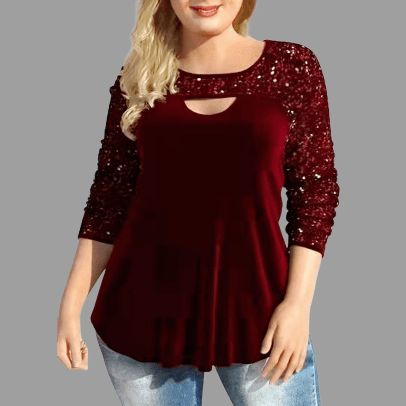 Europeo y americano Amazon digital cuello redondo hueco-fuera manga larga ocho tamaño camiseta adelgazamiento lentejuelas costura punto superior ropa de mujer