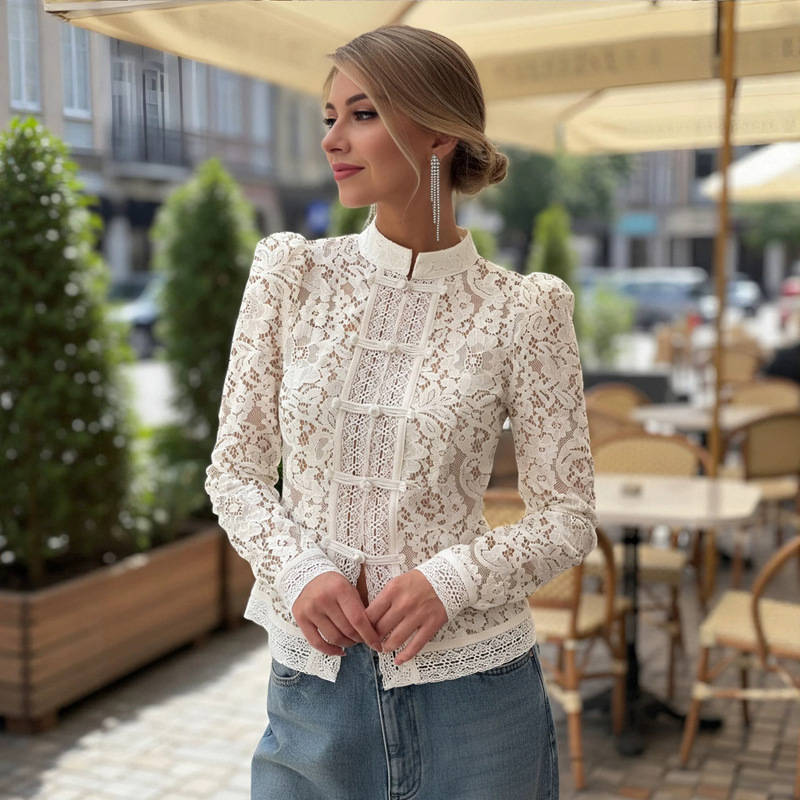 European and American women's lace fashion shirt with a stand-up collar, slim-fit and flattering design, sexy cotton-blend top, versatile European and American women's lace fashion shirt with a stand-up collar, slim-fit and flattering design, sexy cotton-blend top, versatile