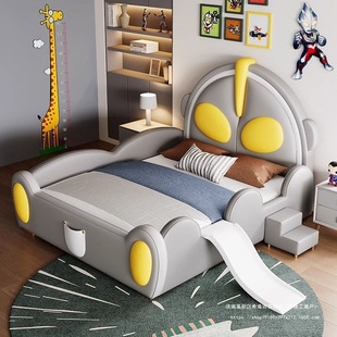 Children's Bed Boy Ultraman Cartoon with Guardrail Slide Single Bed Simple Modern Solid Wood Bed Boy Leather Bed
