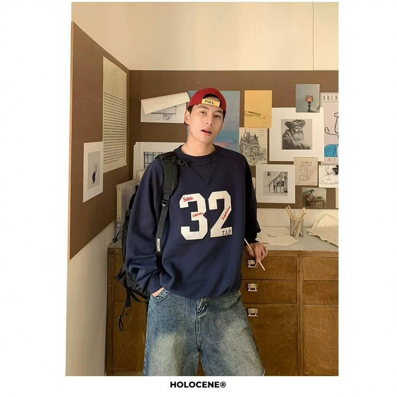 American-style retro letter patchwork embroidered crew-neck sweatshirt, unisex, versatile for spring and autumn, new loose-fit design, trendy sportswear