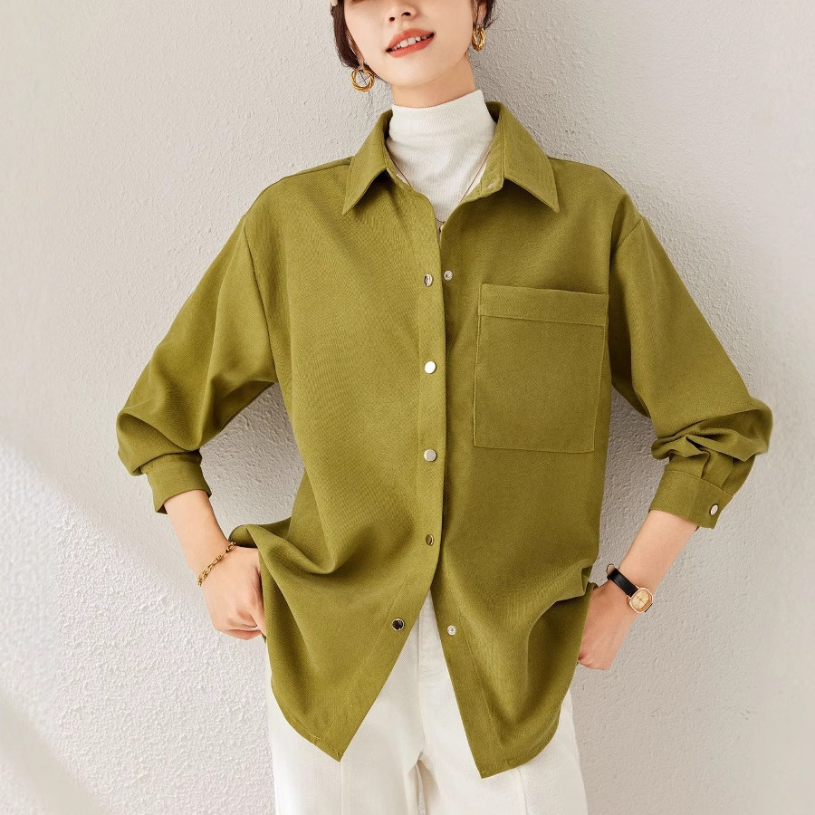 芥末绿宽松衬衫女春秋百搭显瘦韩版休闲新款磨毛长袖衬衣外套