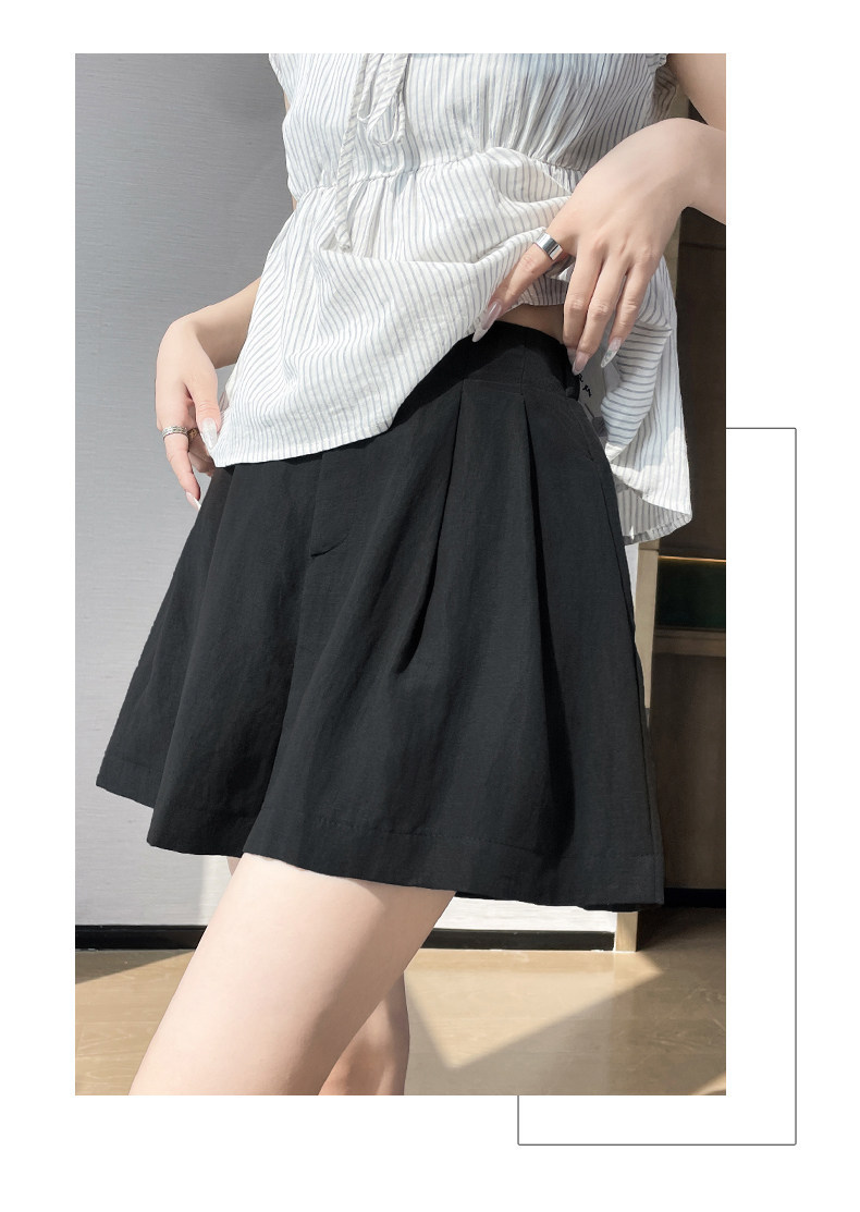 Quần short nữ vải lanh cạp cao ống rộng dáng suông mùa hè — màu đen chi tiết 29