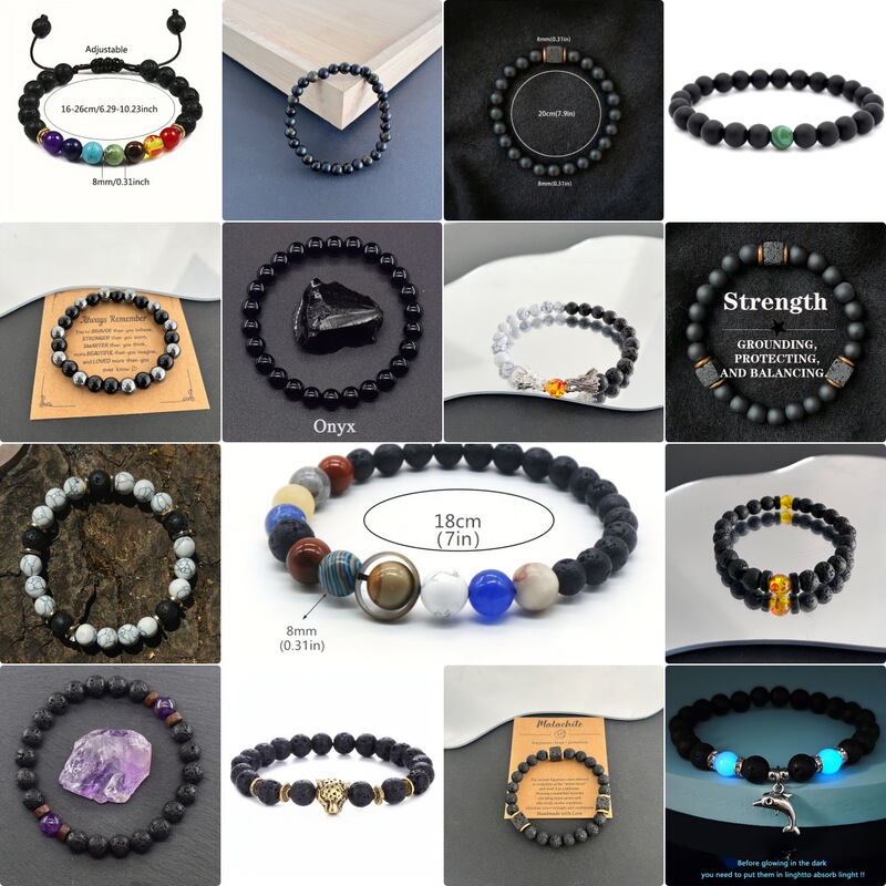 Cross-Border Hot Selling Volcanic Stone Lava Cube Bracelet Retro Green Peacock Elastic Beaded Bracelet Hip-Hop Men's and Women's