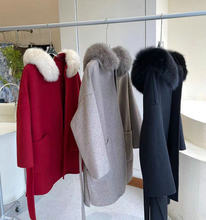 2021超大狐貍毛領雙面羊絨中長款大衣女冬裝雙面羊絨大衣連帽外套