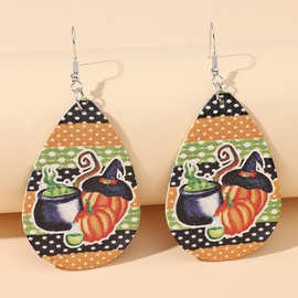 跨境速卖通 创意新品南瓜女巫帽皮耳环  万圣节绿色大锅汤PU耳饰