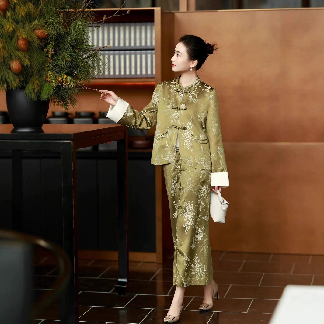 Новый китайский стиль ретро Zen Tang костюм топ для женщин ранняя весна новый круглый вырез с длинными рукавами на пуговицах жаккардовый костюм в национальном стиле Song