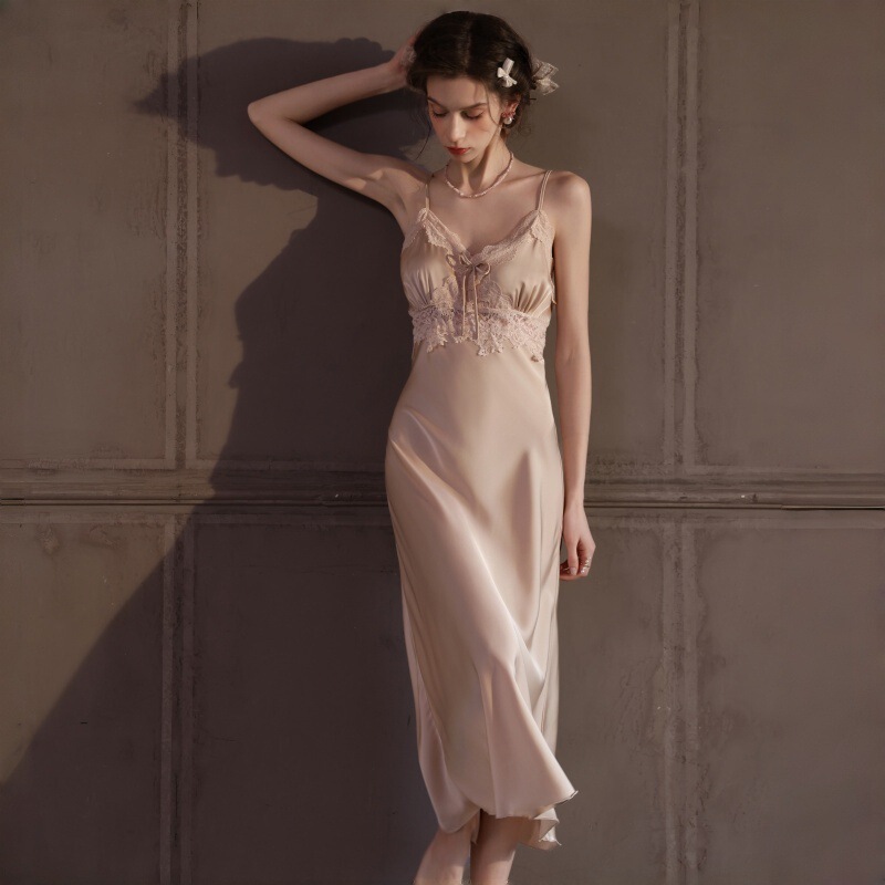 Long Ice Silk Women's Summer Sexy Lace Nightgown, Long Dress with Straps, Silk Sleepwear, Loungewear, Cross-Border Trade