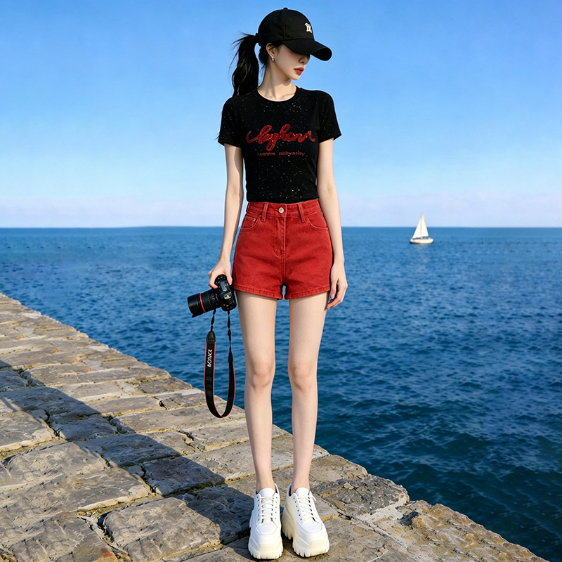 Summer 2026 New Women's Short-Sleeve Regular Shoulder Round-Neck Black T-Shirt Hong Kong Style Fashion Denim Shorts Elegant Set