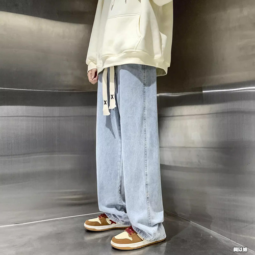 AliExpress hot elastic waist jeans for men's spring and autumn American high street straight loose wide-leg casual pants