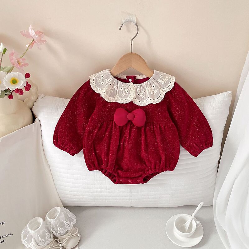 Baby Clothes, Spring & Fall Clothes, Red Christmas Baby Girl Jumpsuit, Princess 100-Day-Old Dress, Baby Clothes, Crawling Clothes