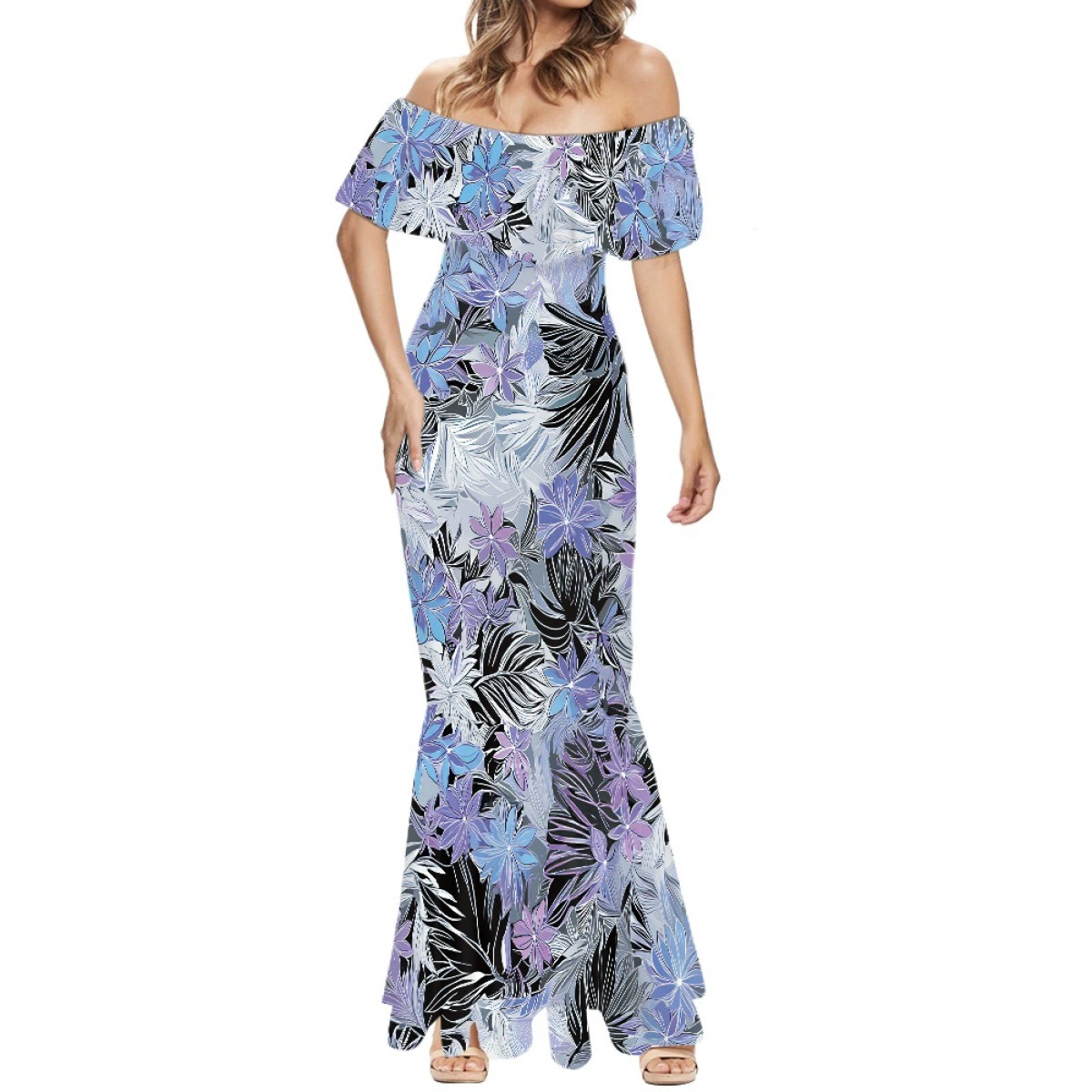 Эксклюзивная трансграничная юбка «рыбий хвост» на одно плечо, фиолетовый кленовый лист, смесь полиэстера и спандекса, облегающий крой, европейский и американский стиль.