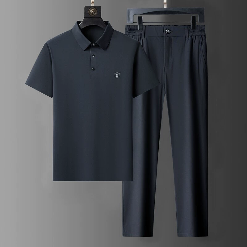 2025 новый стиль мужская короткая рубашка-поло для молодежи и среднего возраста, бесшовный цельный свободный костюм из эластичного ледяного шелка, летний серый