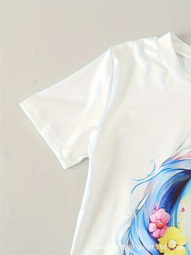 A cartoon unicorn girl 3D digital casual short-sleeved T-shirt suitable for outdoor wear, cute cartoon print