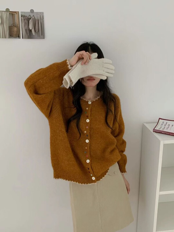 韩版彩扣撞色软糯百搭针织长袖开衫女秋冬新款宽松显瘦圆领毛衣潮|undefined