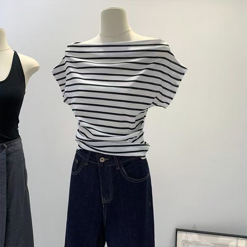 Pure Style Waist-Cinching Stunning Outfit Off-Shoulder Striped Short-Sleeve T-Shirt for Women 2025 Summer New Loose Off-Shoulder Top