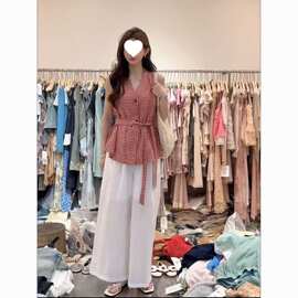 时尚法式领系带收腰格子衬衫+阔腿裤套装夏季新款气质百搭爆现货