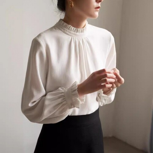 French Elegant Early Autumn Commuter Fungus Edge Folded Long Sleeve Shirt Women White Inner Chiffon Shirt Top