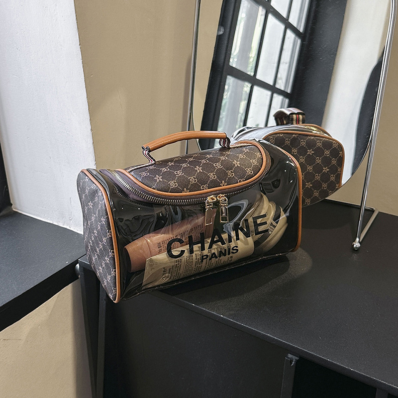 Flip-Top Brown Cosmetic Bag Large Capacity Sports Yoga Letter Transparent Handbag Toiletries Cross-Border Storage Bag for Women