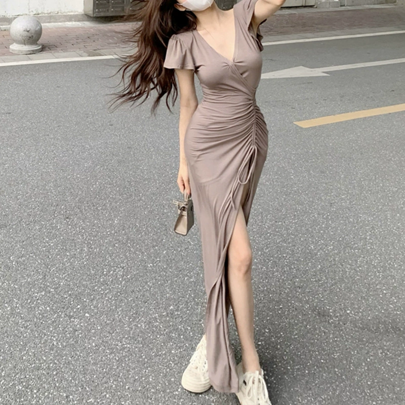 Сексуальное женское платье с v-образным вырезом и завязками, с разрезом и короткими рукавами, новое летнее платье для похудения, облегающая бедра длинная юбка