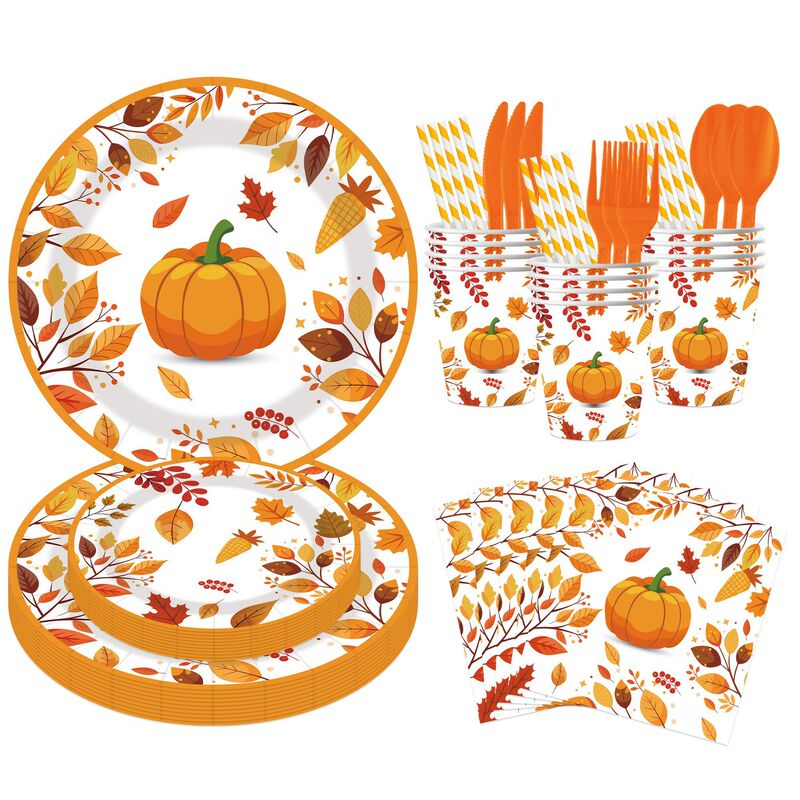 Autumn Thanksgiving Pumpkin Maple Leaf Themed Party Decorations Disposable Paper Towels Paper Plates Paper Cups Paper Napkins Tableware Set