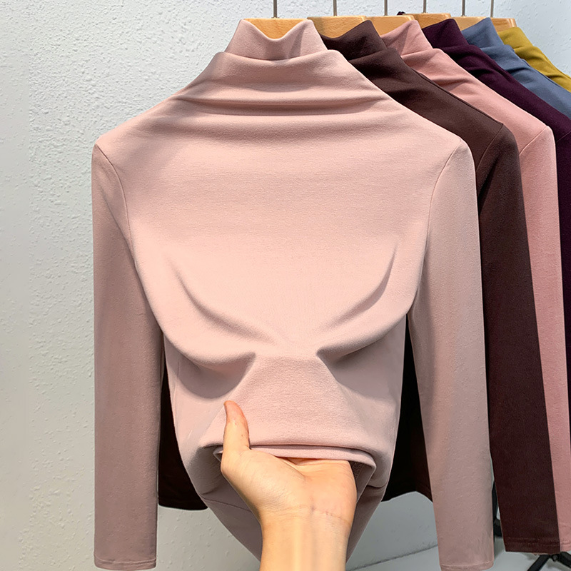 Camiseta de cuello alto para mujer, nuevo estilo 2024, ropa de mujer, color sólido, camiseta sencilla de manga larga con forro polar para mayor calidez, capa interior, top ajustado a la cintura