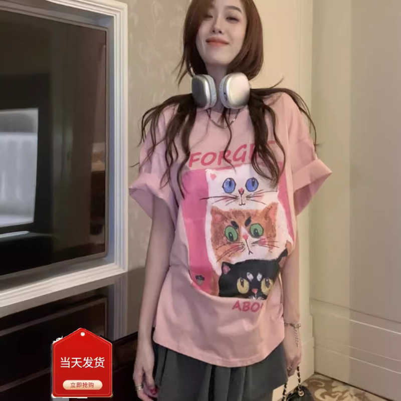 FaT mm Loose Niche SweeT Pink CaT Large Size ShorT-sleeved T-shirT Women's Summer Mid-lengTh Belly-covering Slimming Look Top FaT mm Loose Niche SweeT Pink CaT Large Size ShorT-sleeved T-shirT Women's Summer Mid-lengTh Belly-covering Slimming Look Top