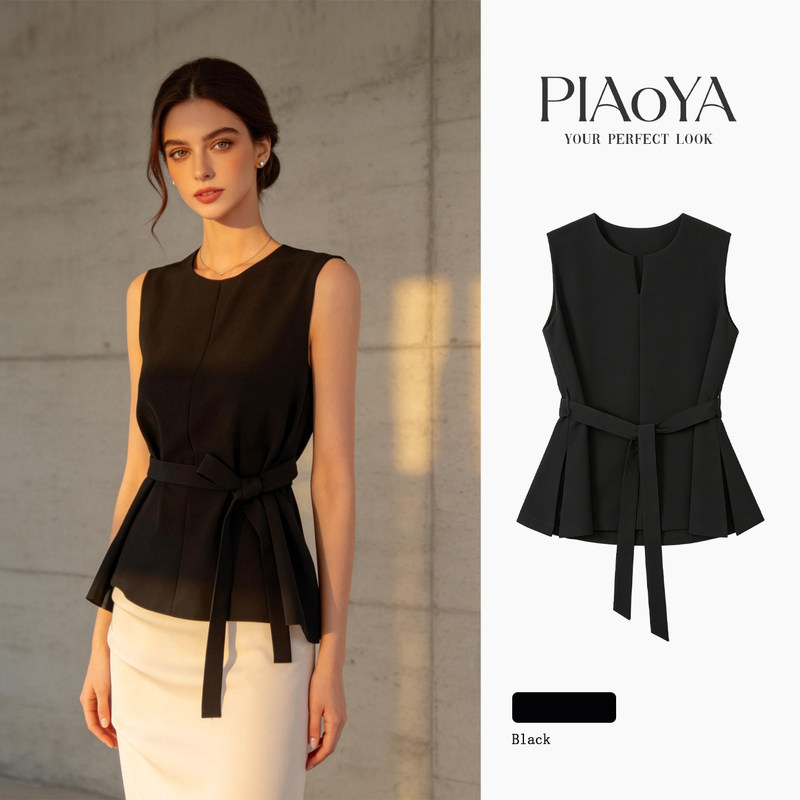 Commuter-style black vest shirt for women, new summer model, waist-cinching, tie-waist, slimming design, sleeveless outerwear Commuter-style black vest shirt for women, new summer model, waist-cinching, tie-waist, slimming design, sleeveless outerwear