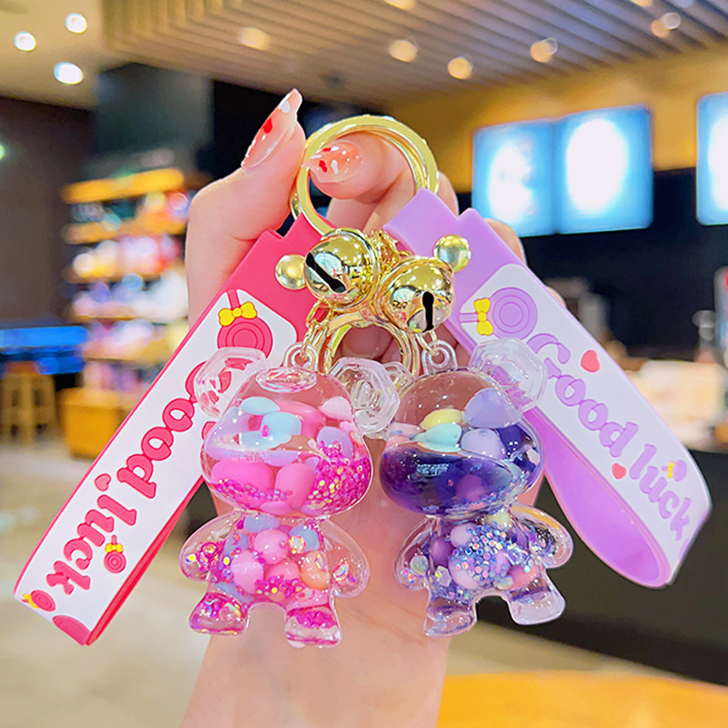 Cartoon Violent Bear Quicksand Bottle Keychain Stall Small Gift Wholesale Acrylic Floating Oil Liquid Key Chain