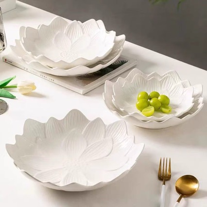 Creative Lotus Soup Plate Hotel Dish Plate Household Ceramic Salad Fruit Dessert Cake Pure White Tableware Flower-Shaped Plate