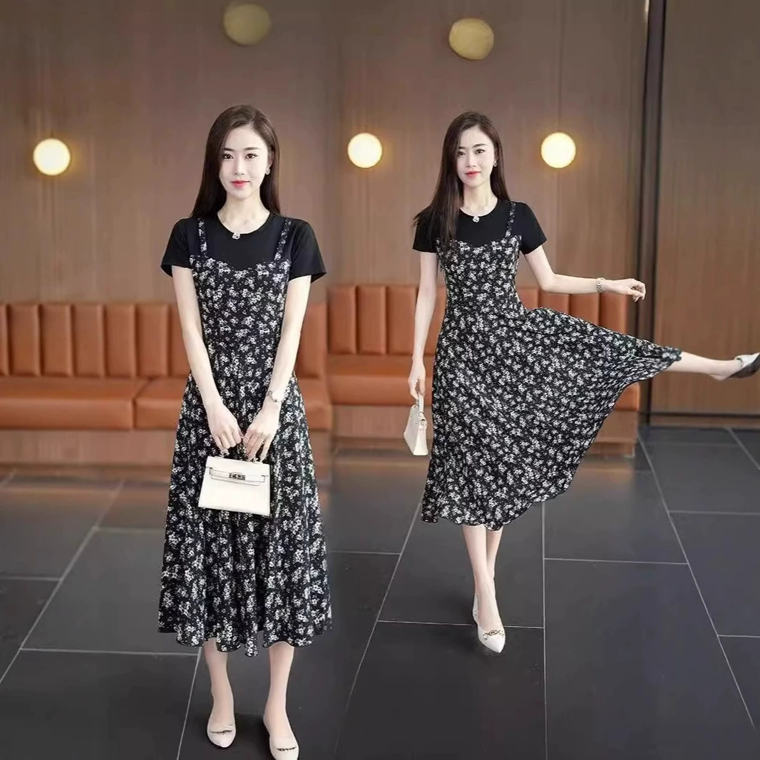 Новое летнее платье для женщин, стильная длинная юбка с короткими рукавами, искусственная двухсекционная юбка, закрывающая живот, элегантная юбка с цветочным принтом.