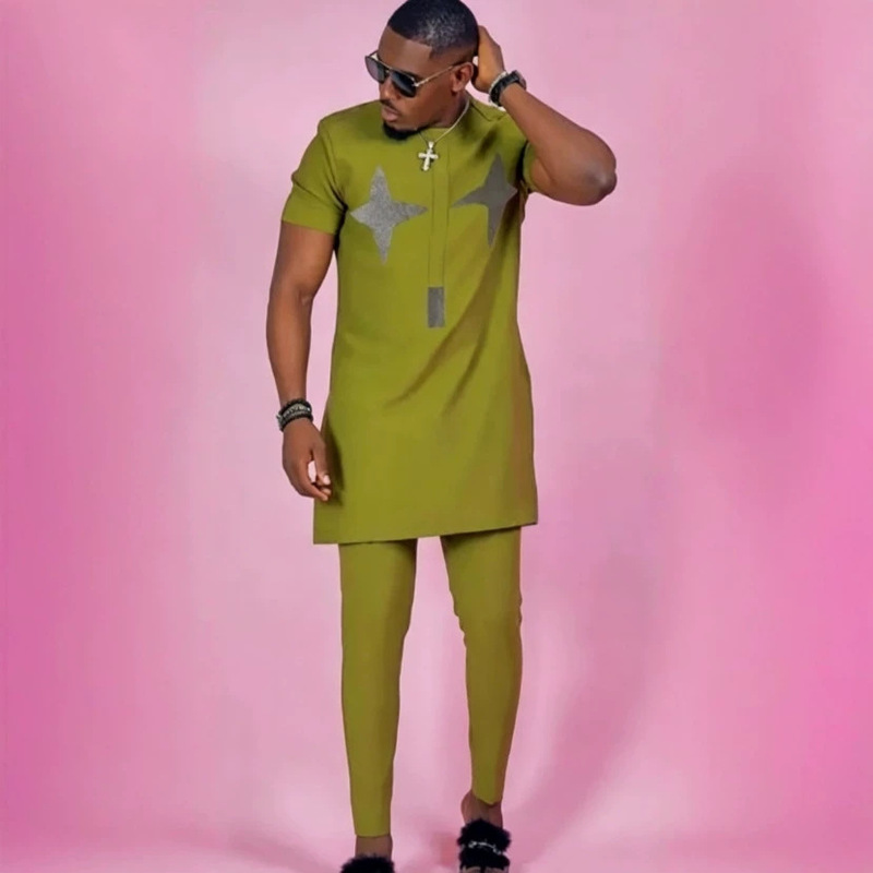 In-Stock Direct Supply Cross-Border Men's African Robe Casual Suit with Lapel Collar