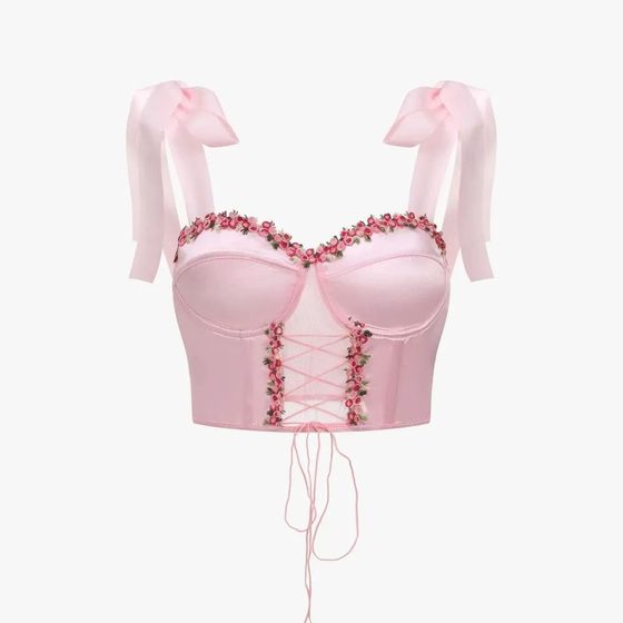 European and American style women's vest flower lace satin strap silk belt steel ring Fishbone hot girl camisole