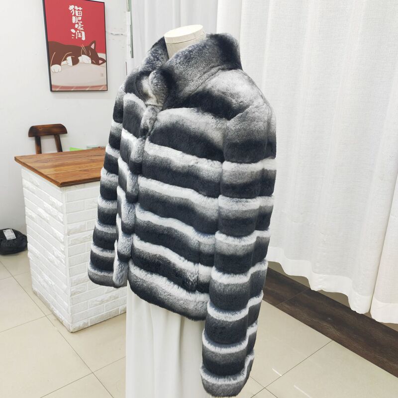 Full-pelt gradient rex rabbit fur coat for women, short style, stand-up collar, light luxury, elegant real rabbit fur coat wholesale