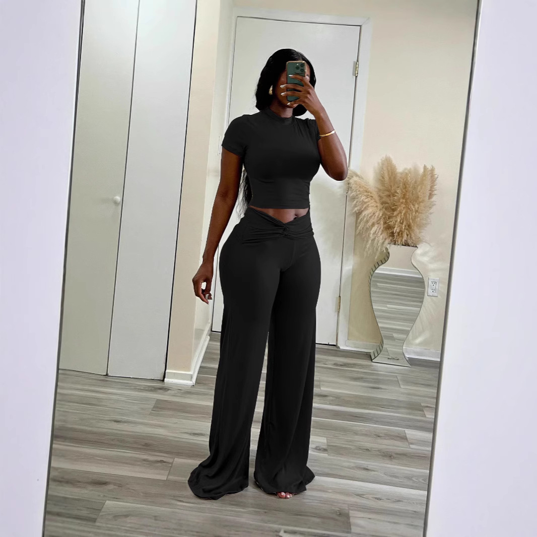 High Elasticity Slimming Wide Leg Pants Set High Waisted Twisted Two Piece Set Solid Color European And American Style Summer Wear For Women D10129_voghion.com
