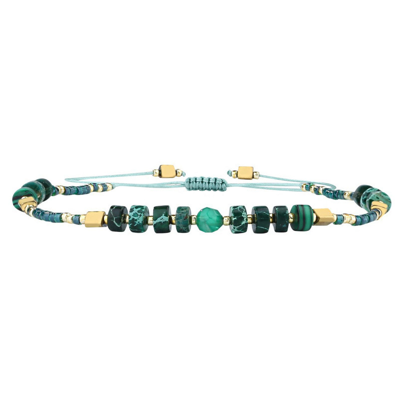 Women's Flat Bead Bracelet with Blue Pattern Stone, Picture Stone, Small Seed Beads, Handmade Woven Bracelet, Malachite Wheel Bead Bracelet