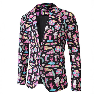 Amazon Foreign Trade Cross-Border Printed Suit Jacket Men's Text Holiday Casual Suit Top Cotton and Linen Suit Men